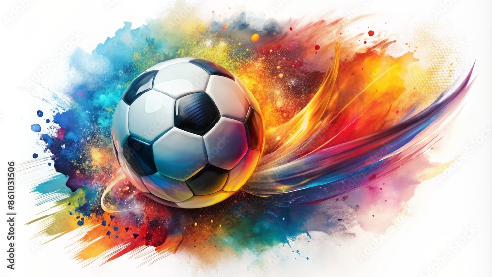 Fototapeta premium Dynamic abstract illustration of a soccer ball in mid-air, crafted with expressive, textured brush strokes and vibrant color palette.