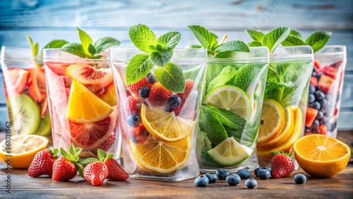 Vibrant array of colorful pouches boasting refreshing fruit and cooling mint flavors against a clean, bright, and airy background atmosphere. photo