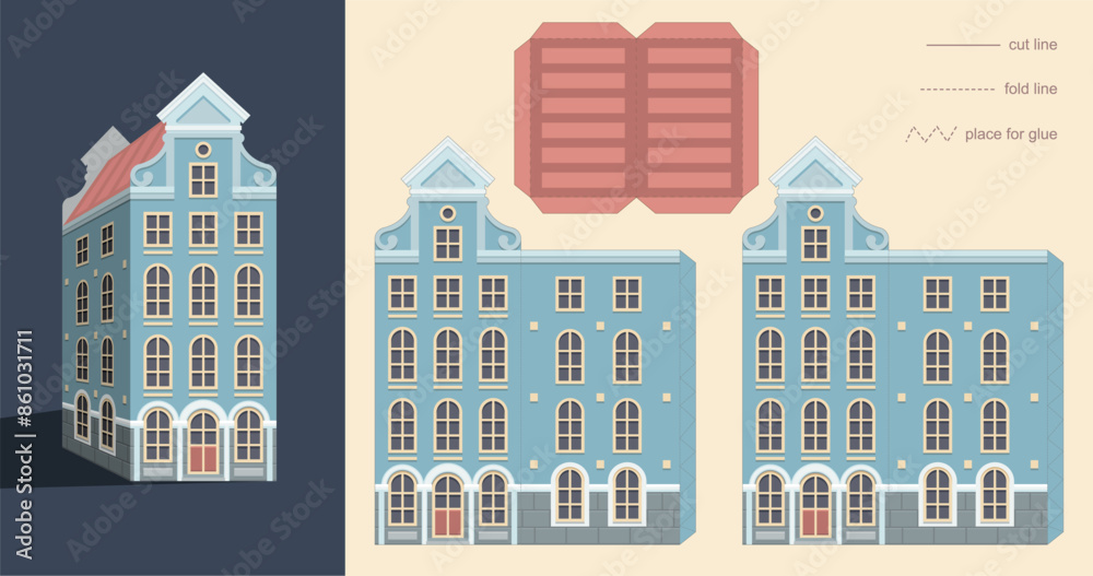 Laser cutting Amsterdam style house. Stylized facades of old building. Paper carving vector template Laser cutting Amsterdam style house. Stylized facades of old building. Paper carving vector template