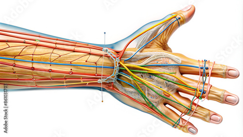 median, ulnar, and radial nerves in the arm with detailed anatomical labeling structure diagram hand drawn schematic raster illustration. Medical science educational illustration photo