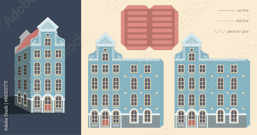 Laser cutting Amsterdam style house. Stylized facades of old building. Paper carving vector template