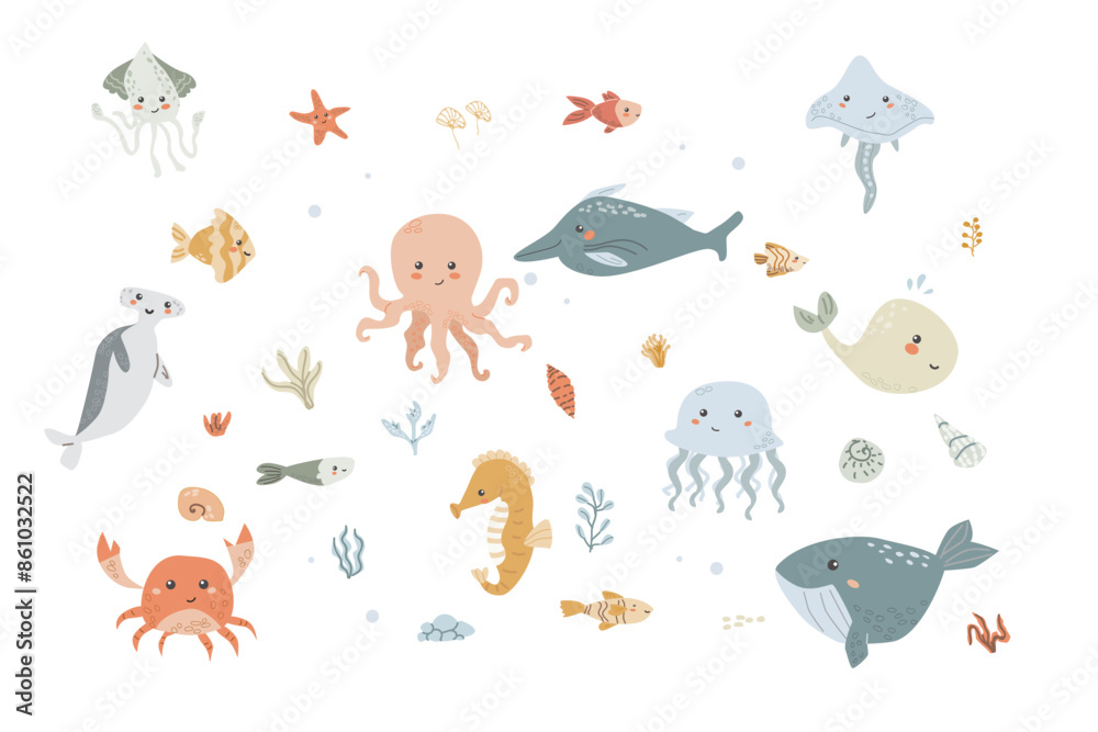Obraz premium Cute childrens sea animals set. Marine underwater elements collection. Ocean inhabitants set of dolphin, whale and other cute characters. Wild aquatic creatures in childish naive hand drawn style.