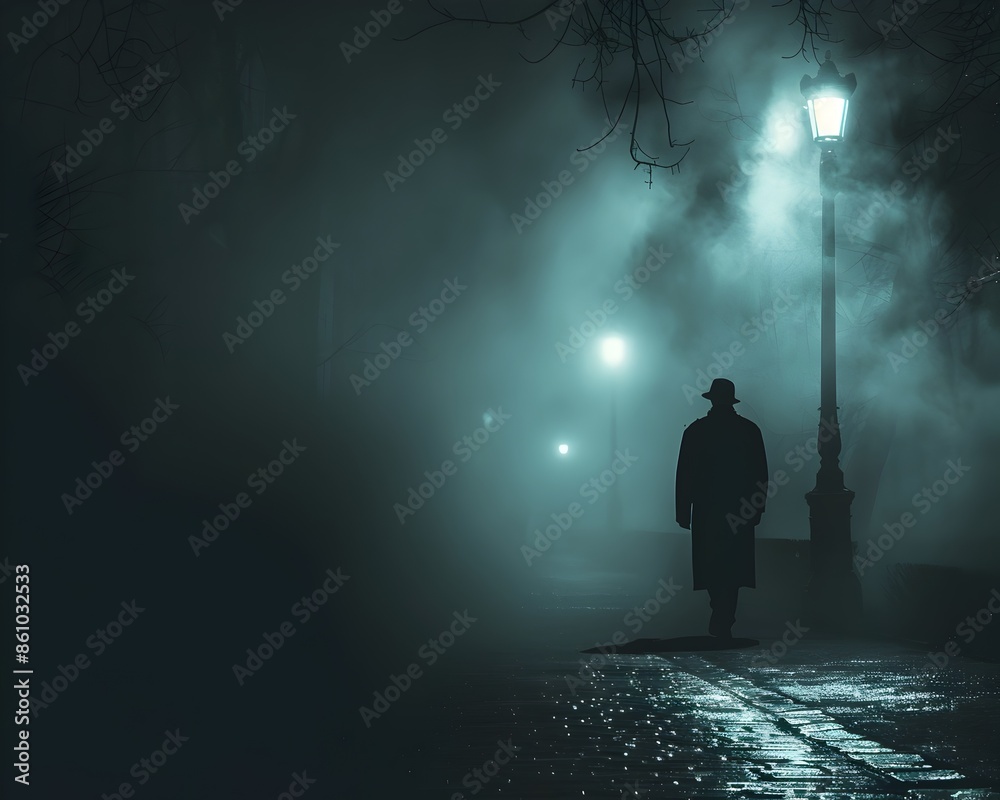Shadowy Figure Walks Down Foggy Dimly Lit Street Evoking Sense of Suspense and Intrigue in Dark Atmospheric Background Shadowy Figure Walks Down Foggy Dimly Lit Street Evoking Sense of Suspense and Intrigue in Dark Atmospheric Background