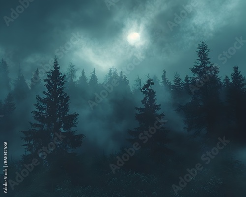 Eerie Misty Forest Landscape Capturing Moody Mystical Atmosphere in Dark Wilderness © Thares2020