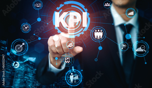 KPI Key Performance Indicator for Business Concept - Modern graphic interface showing symbols of job target evaluation and analytical numbers for marketing KPI management. uds photo