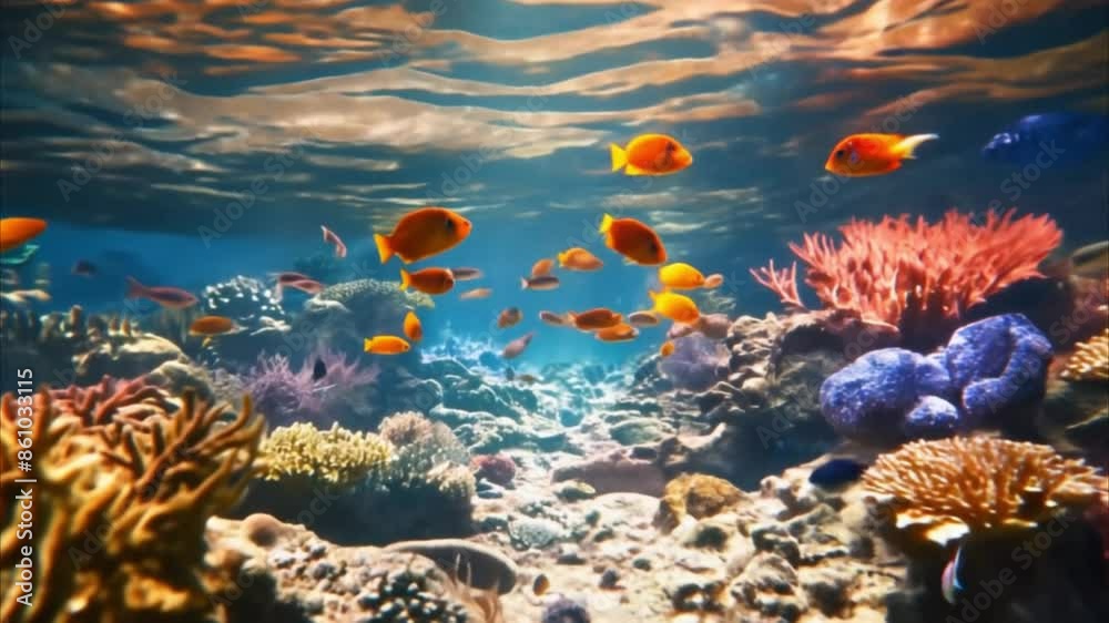 Fish Swimming Through Bright Coral Reef Under Sunlight