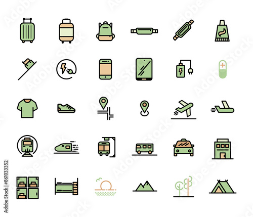 Travel preparation and tourism outline filled icon set