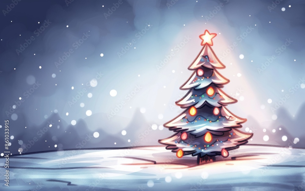 Beautiful Christmas tree adorned with ornaments and glowing lights in a snowy, serene landscape, perfect for holiday-themed projects.