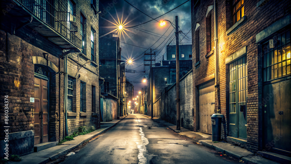 Nighttime scene of a dark, grungy street with a vintage feel and limited visibility; ideal for a copy space image. Nighttime scene of a dark, grungy street with a vintage feel and limited visibility; ideal for a copy space image.