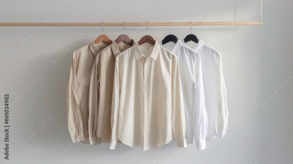 Fototapeta premium Minimalist wardrobe featuring neatly hung beige and white shirts on wooden hangers, showcasing simplicity and elegance.