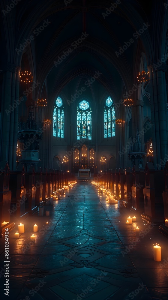 Serene Gothic Chapel with Flickering Candles Casting a Contemplative Glow Serene Gothic Chapel with Flickering Candles Casting a Contemplative Glow