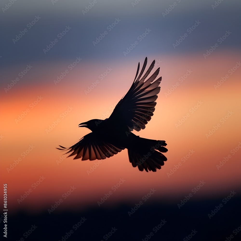Obraz premium Silhouette of Bird Flying Against Twilight Sky Symbolizing Freedom and Mystery of Night
