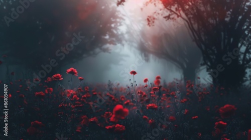 A serene field of red poppies bathed in mist, with dark trees in the background, creating a mystical dawn scene.