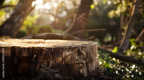 Tree trunk stump as a table in a nature garden park on holiday With a drooping tree branch trunk with a smooth surface to show your products trees and sunlight in background : Generative AI