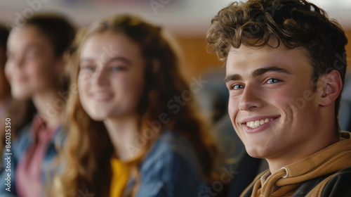 A smiling teenage boy in a classroom with his friends, displaying happiness and engagement in a lively academic setting.