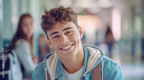 A smiling teenage boy with curly hair stands in a school corridor, exuding confidence and friendliness, with classmates in the background.