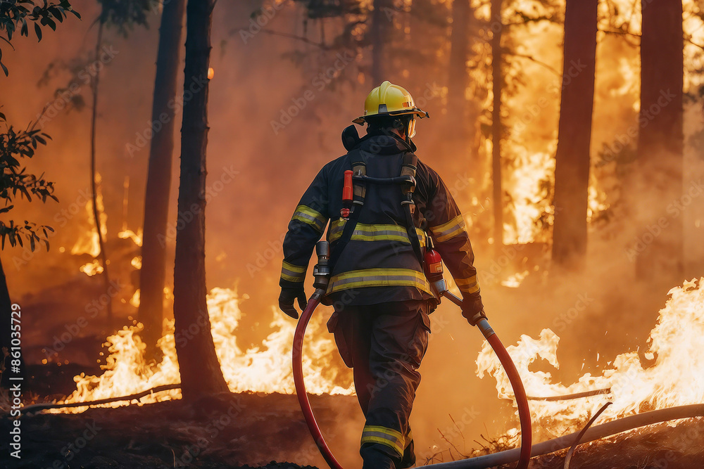 A firefighter is walking through a forest with a hose in his hand. The scene is intense and dangerous, as the firefighter is trying to put out a fire A firefighter is walking through a forest with a hose in his hand. The scene is intense and dangerous, as the firefighter is trying to put out a fire