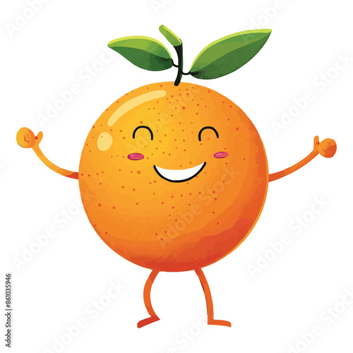 a happy Orange cartoon character with arms and legs on white background.