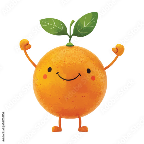 a happy Orange cartoon character with arms and legs on white background.