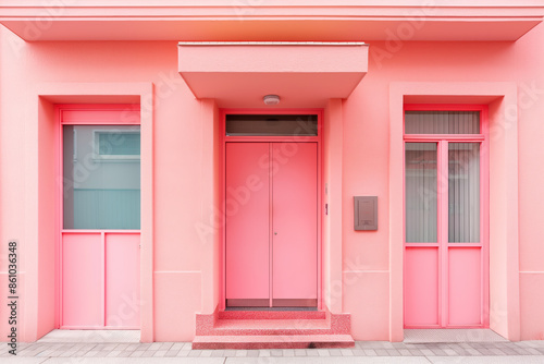 Pink building facade with three doors showing urban lifestyle © Edvvin