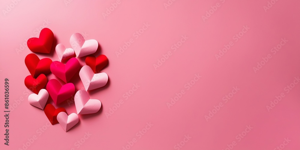 Valentine's Day flat lay featuring a stylish arrangement of red and pink paper hearts on a pink background. Valentine's Day flat lay featuring a stylish arrangement of red and pink paper hearts on a pink background.