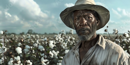 Sharecroppers in cotton field, harsh sunlight, weathered faces, simple clothing, vast plantation photo
