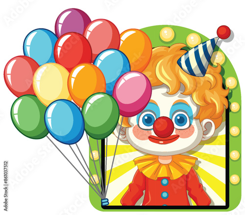 Cheerful clown holding colorful balloons, smiling brightly