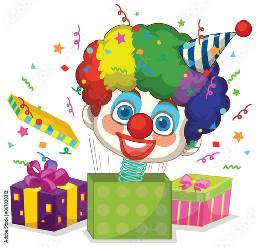 Cheerful clown popping out of gift box