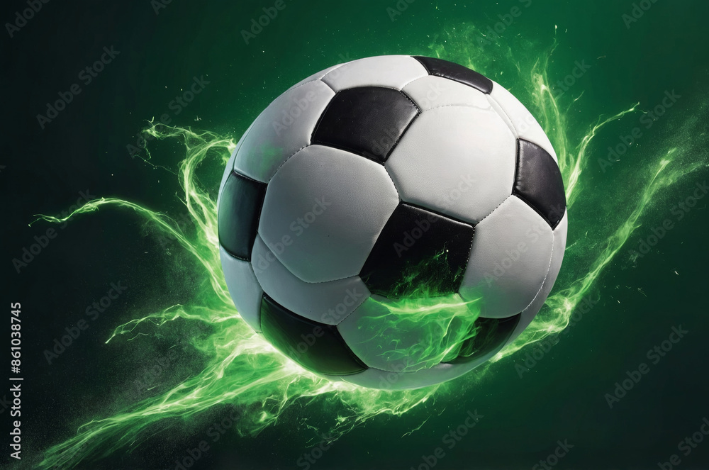 Fototapeta premium Close-up of soccer ball with black and white panels surrounded by green flame burst explosion