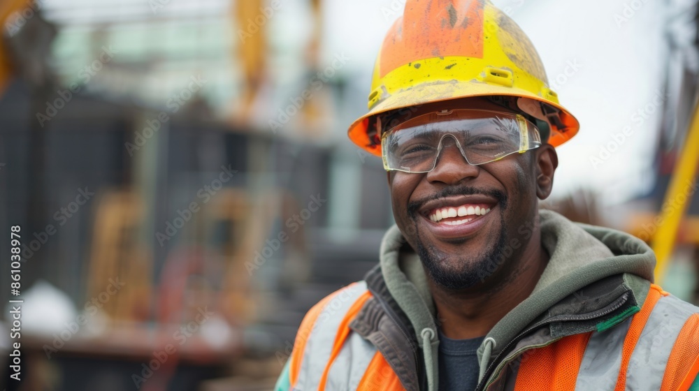 Smiling construction worker wearing safety gear at a job site, showcasing a positive attitude and job satisfaction.