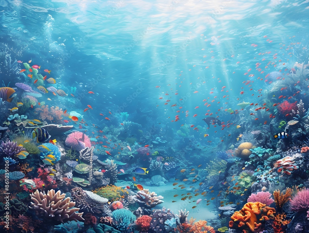 Naklejka premium Vibrant Coral Reef Ecosystem with Diverse Underwater Marine Life
