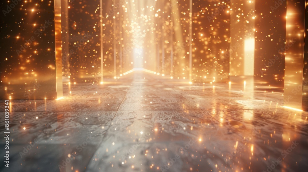 Golden hallway illuminated with sparkling lights, creating a magical and luxurious atmosphere with reflective surfaces. Golden hallway illuminated with sparkling lights, creating a magical and luxurious atmosphere with reflective surfaces.