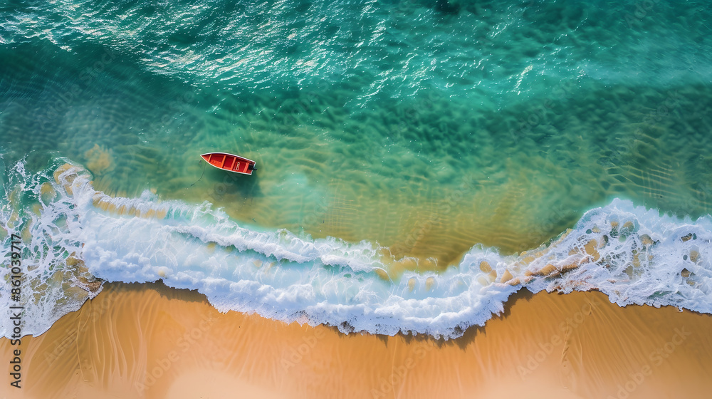 Fototapeta premium Wave and boat on the beach as a background Beautiful natural background at the summer time from air : Generative AI