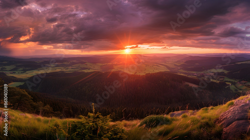 Breathtaking panorama of sunset and landscape in the Black Forest at the viewpoint Robhl refuge Oppenau  Oppenauer Steige : Generative AI