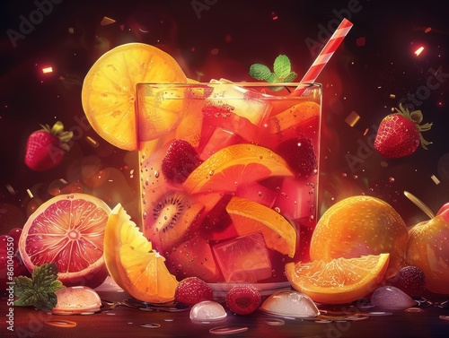 Bright vector image of a fruit punch bowl with ladle and floating fruit slices. photo