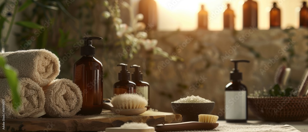 Health products in a serene spa setting, with soft ambient light, organic, earthy tones, high-definition photo Health products in a serene spa setting, with soft ambient light, organic, earthy tones, high-definition photo