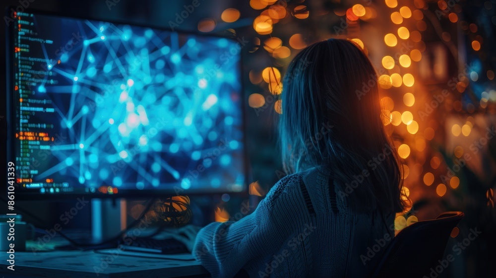 A programmer working at a computer, with code on the screen and bokeh lights in the background creating a tech atmosphere. A programmer working at a computer, with code on the screen and bokeh lights in the background creating a tech atmosphere.