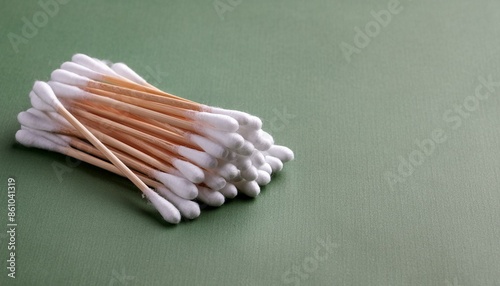 close up of a brush, close up of cotton swabs, wallpaper matches on a black background, cotton swabs isolated on white background, A cotton swab on a green backdrop for ear hygiene and personal care photo