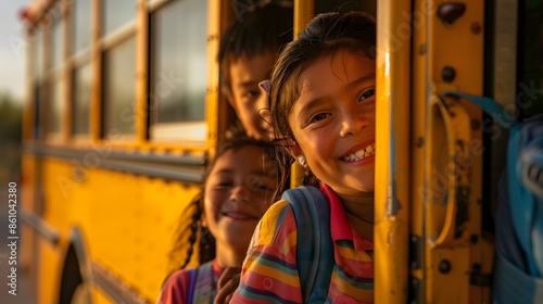 Happy children smiling from a school bus, joyful expressions of eager students ready for a school day adventure. © Pingun