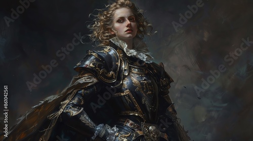 Baroque Warrior A Baroquestyle painting of a woman warrior, adorned in elaborate armor and standing victoriously against a dramatic, dark background