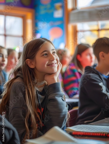 Smiling girl in a classroom, attentively listening, amidst peers during a lesson. Bright and engaging educational environment.