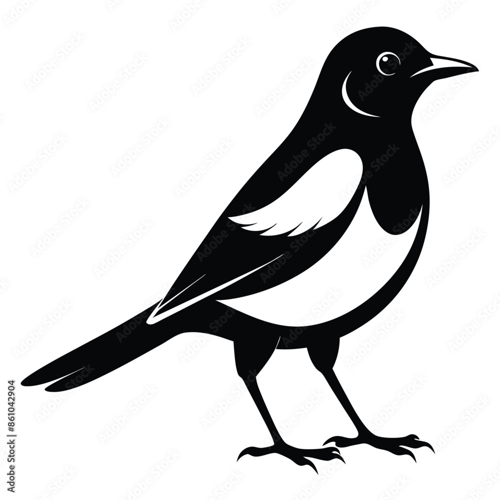Obraz premium Magpie bird black and white Silhouette Art. Oriental magpie robin bird design on white background. Easy editable layered illustration. Wild Animals.