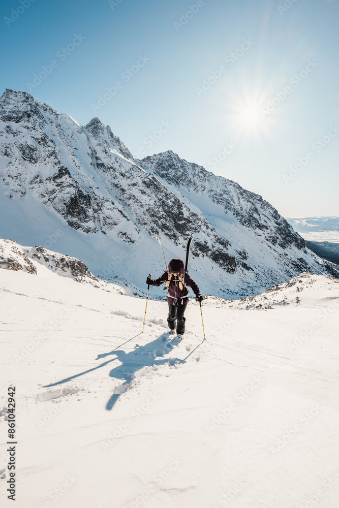 Mountaineer backcountry ski walking ski alpinist in the mountains. Ski touring in alpine landscape with snowy trees. Adventure winter sport. High tatras, Slovakia