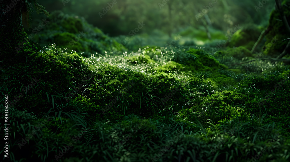 Fototapeta premium Green moss and background Backdrop for displaying products Dark forest background : Generative AI
