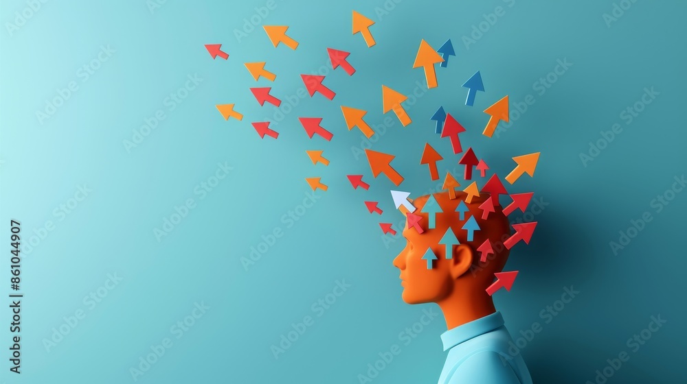 Side view of person with colorful arrows coming out of head. Concept of creativity, ideas, and innovation on a blue background. Side view of person with colorful arrows coming out of head. Concept of creativity, ideas, and innovation on a blue background.