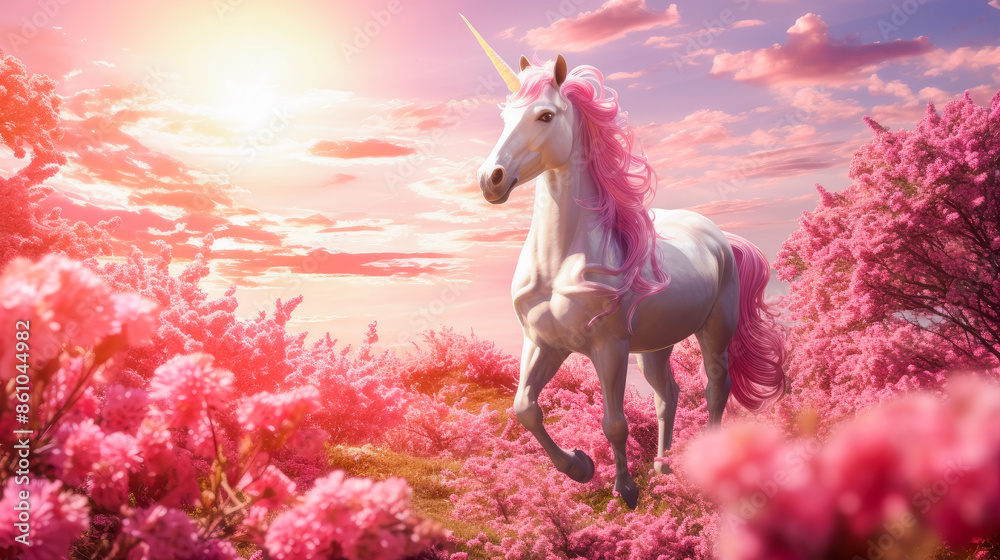 Fototapeta premium Fairytale unicorn in a field with flowers in pink.