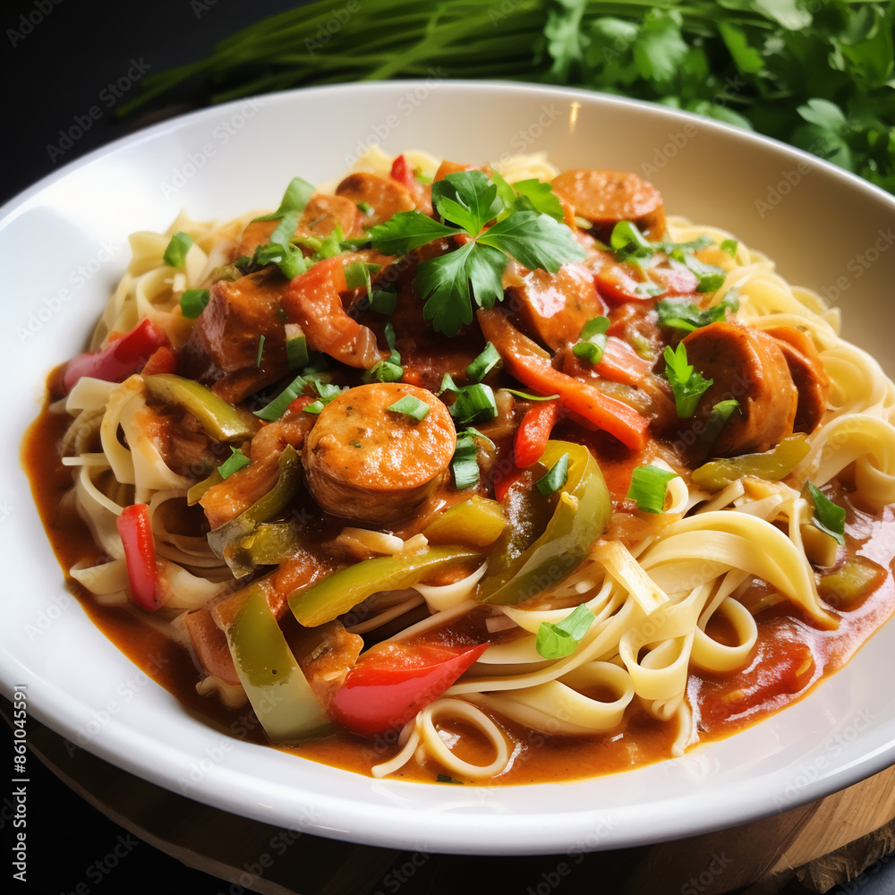 Chicken Gumbo Pasta with Fettuccine tossed in a spicy Cajun sauce Chicken Gumbo Pasta with Fettuccine tossed in a spicy Cajun sauce