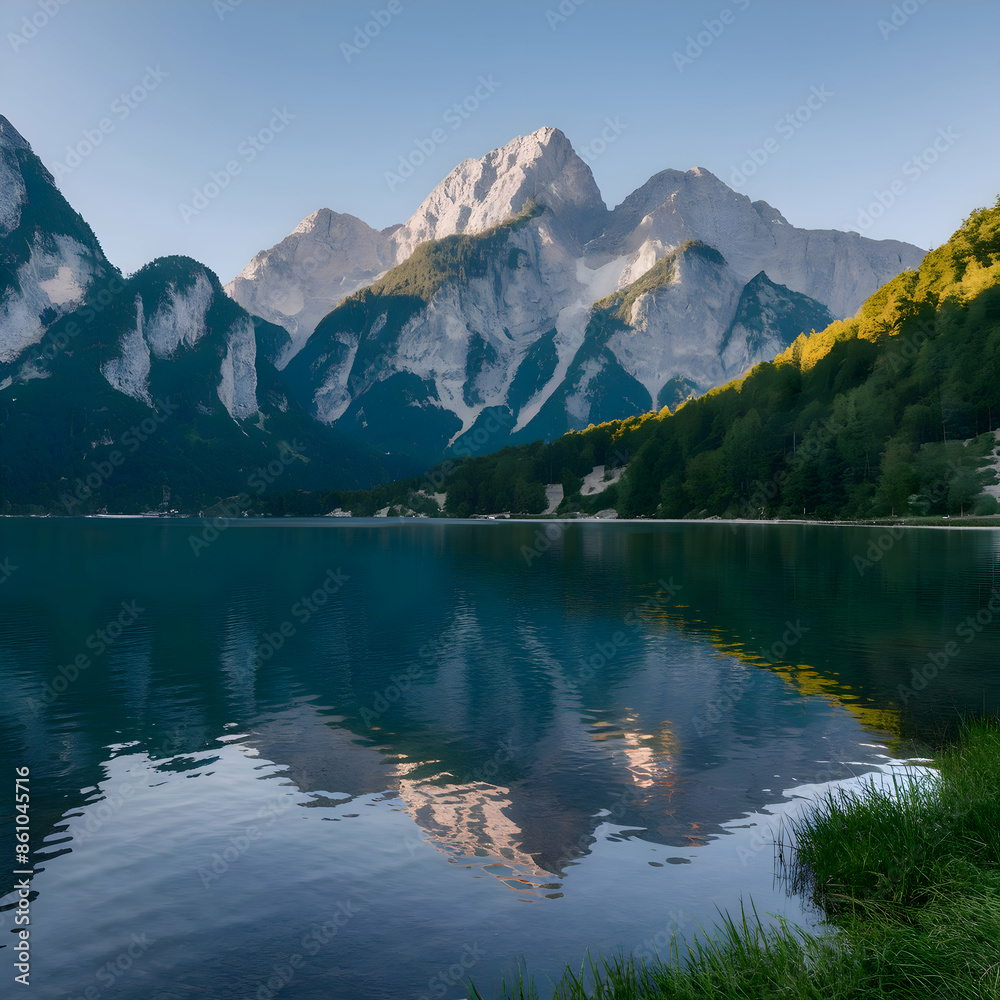 Fototapeta premium Impressive summer sunrise on Eibsee lake with Zugspitze mountain range. Sunny outdoor scene in German Alps, Bavaria, Germany, Europe. Beauty of nature concept background.