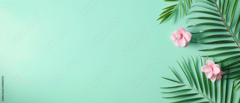 Obraz premium Tropical palm leaves and pink flowers on a light green background, perfect for a summer, nature, or vacation themed design or decoration.
