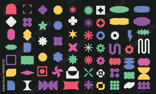 Abstract geometric retro shapes collection. Set of Brutalism shapes, minimalist geometric elements. Templates for design, posters, projects, banners, logo, and business cards